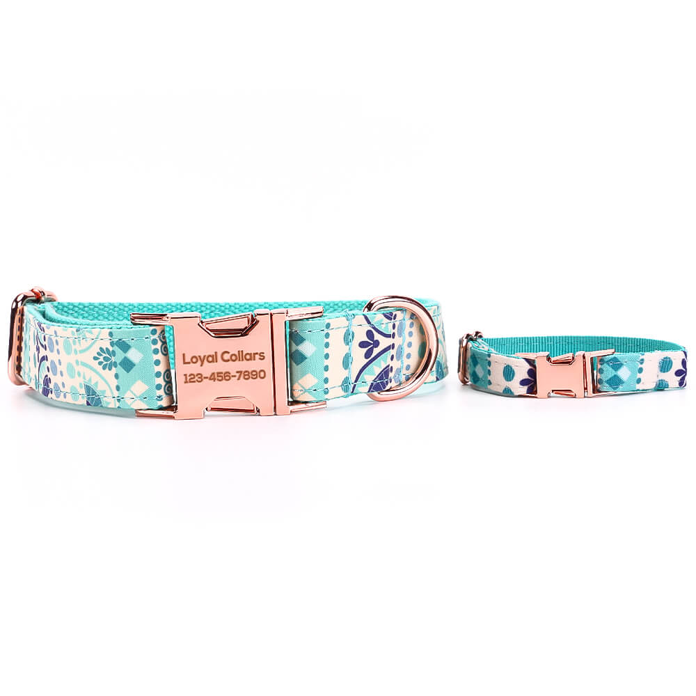 Matching Folk Blue Dog Collar And Bracelet Set