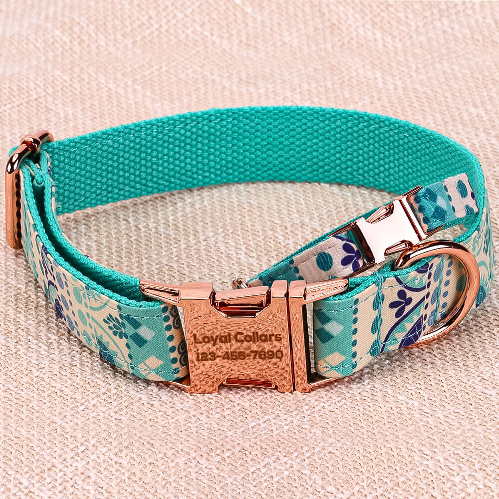 Matching Folk Blue Dog Collar And Bracelet Set