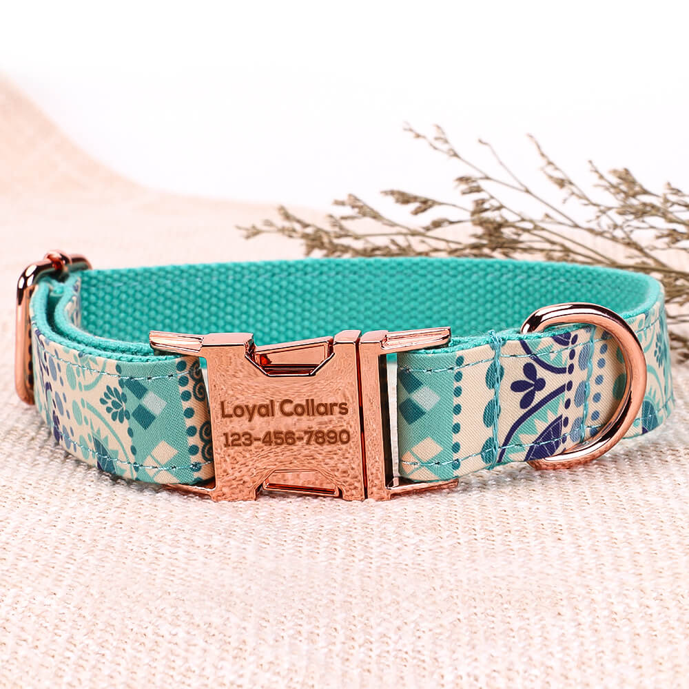 Matching Folk Blue Dog Collar And Bracelet Set