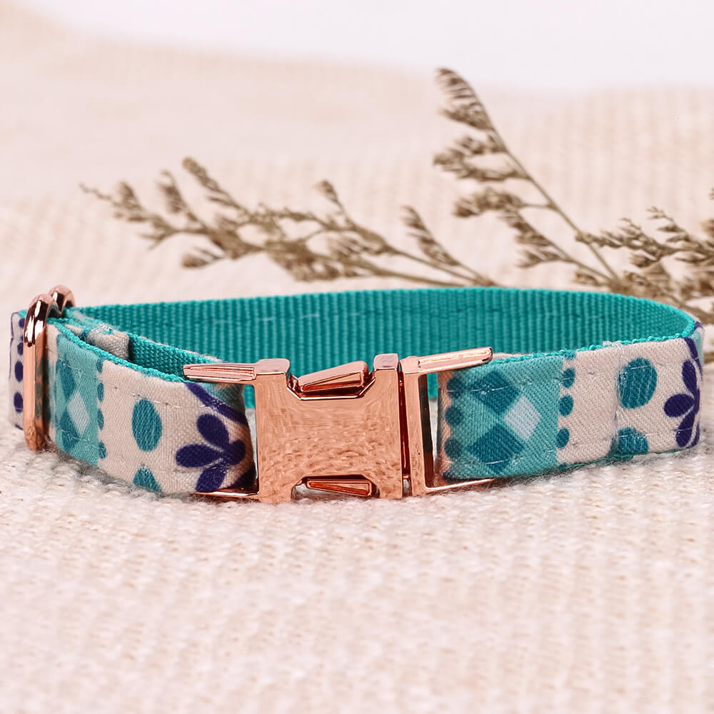 Matching Folk Blue Dog Collar And Bracelet Set