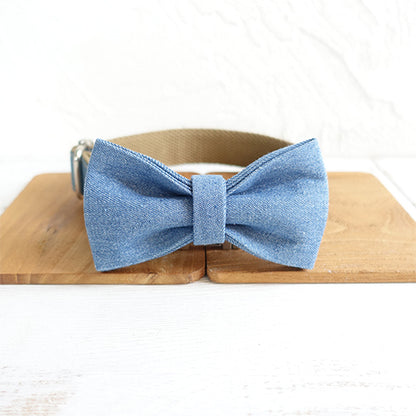 Custom Blue Denim Dog Collar Bow Tie Set