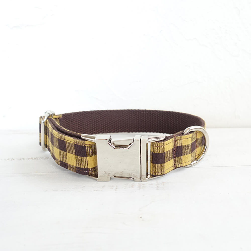 Custom Brown Yellow Plaid Dog Collar And Leash Set