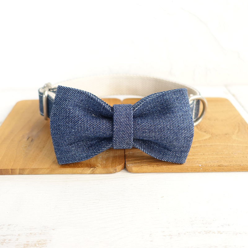 Custom White Denim Dog Collar Bow Tie Set