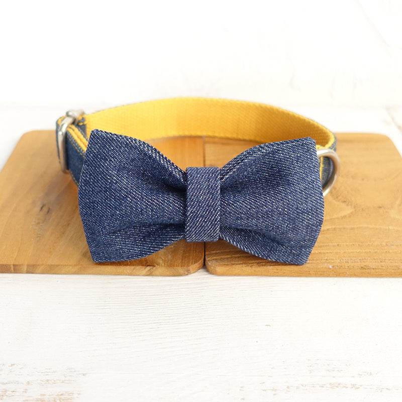 Custom Yellow Denim Dog Collar Bow Tie Set