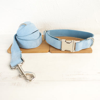 Custom Velvet Sky Blue Dog Collar And Leash Set