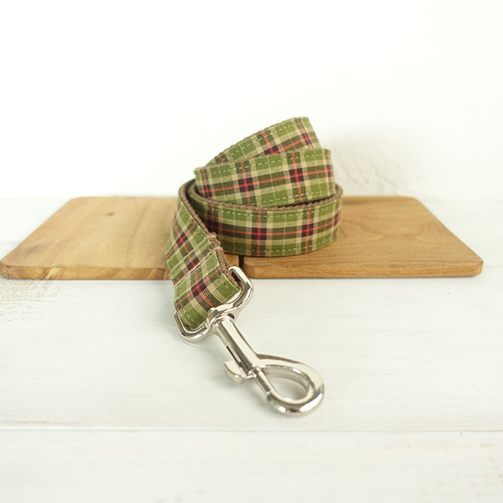 Custom Green Plaid Dog Collar And Leash Set