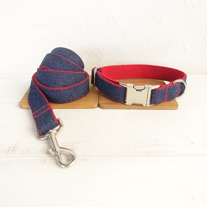 Custom Red Denim Dog Collar And Leash Set