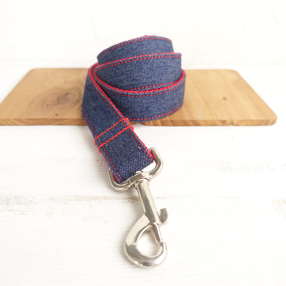 Custom Red Denim Dog Collar And Leash Set