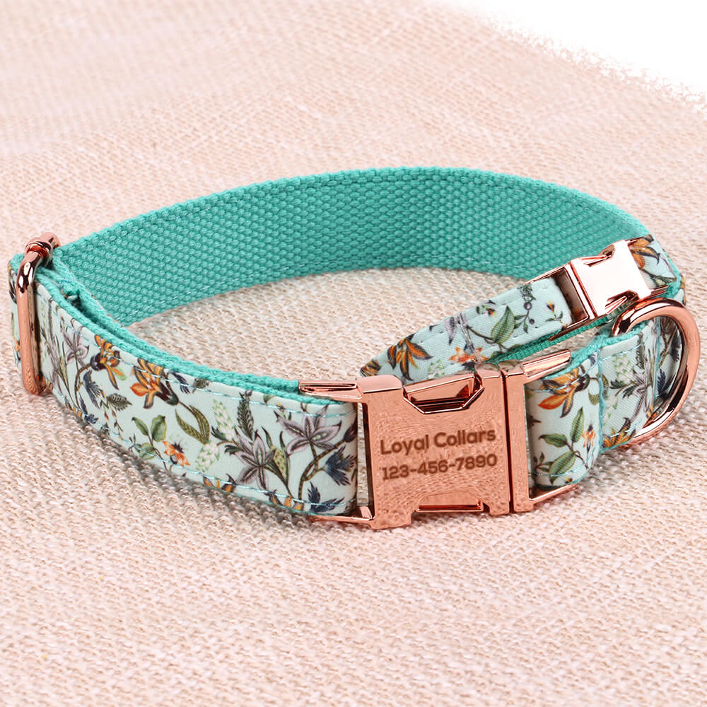 Matching Blue Flower Dog Collar And Bracelet Set