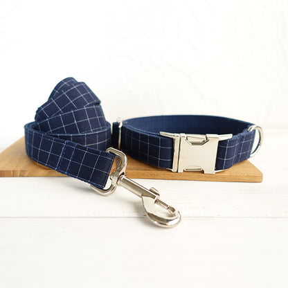 Custom Deep Blue Plaid Dog Collar And Leash Set