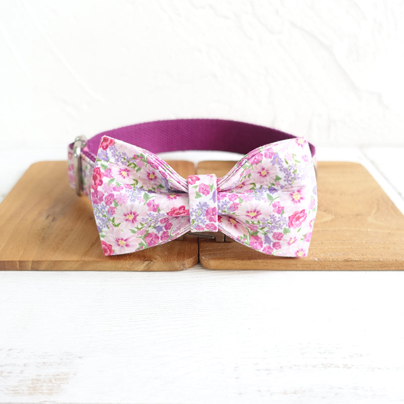 Custom Pink Flower Dog Collar Bow Tie Set