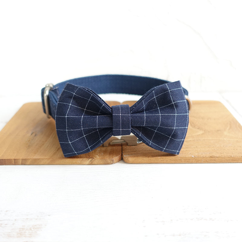 Custom Deep Blue Plaid Dog Collar Bow Tie Set