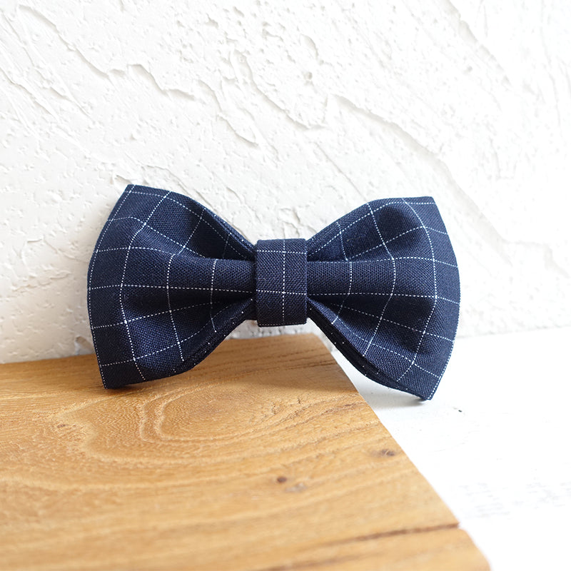 Custom Deep Blue Plaid Dog Collar Bow Tie Set