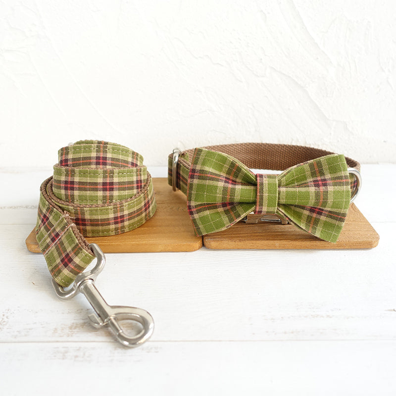 Custom Tree Green Plaid Dog Collar Set