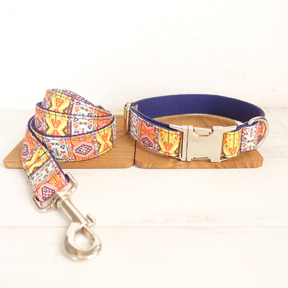 Custom Blue Bohemian Dog Collar And Leash Set