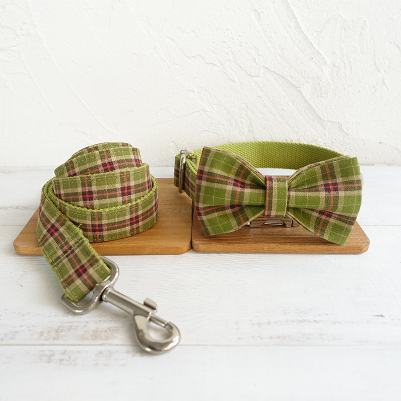 Custom Green Plaid Dog Collar Set